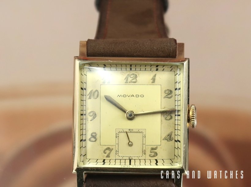 Fantastic 1940's Movado Square in gold with Breguet dial